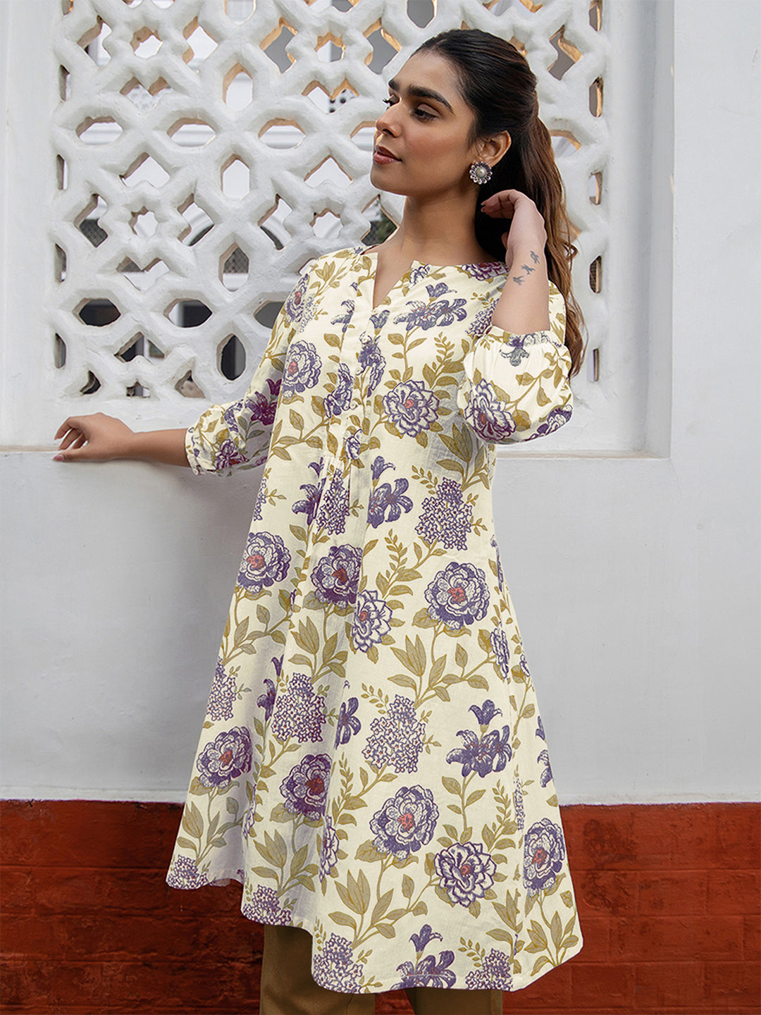 Janasya Light Cotton Floral A-Line Tunic