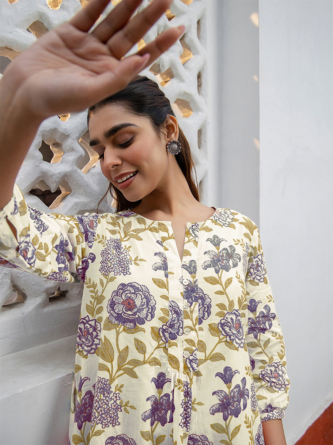 Janasya Light Cotton Floral A-Line Tunic