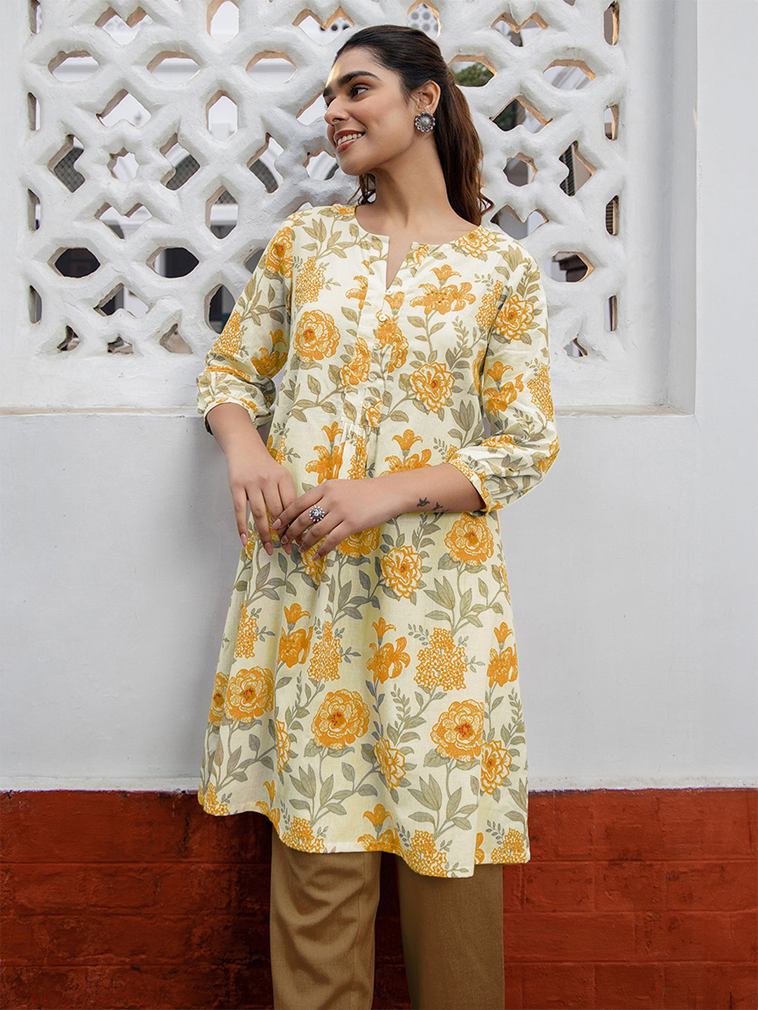 Janasya Light Cotton Floral A-Line Tunic