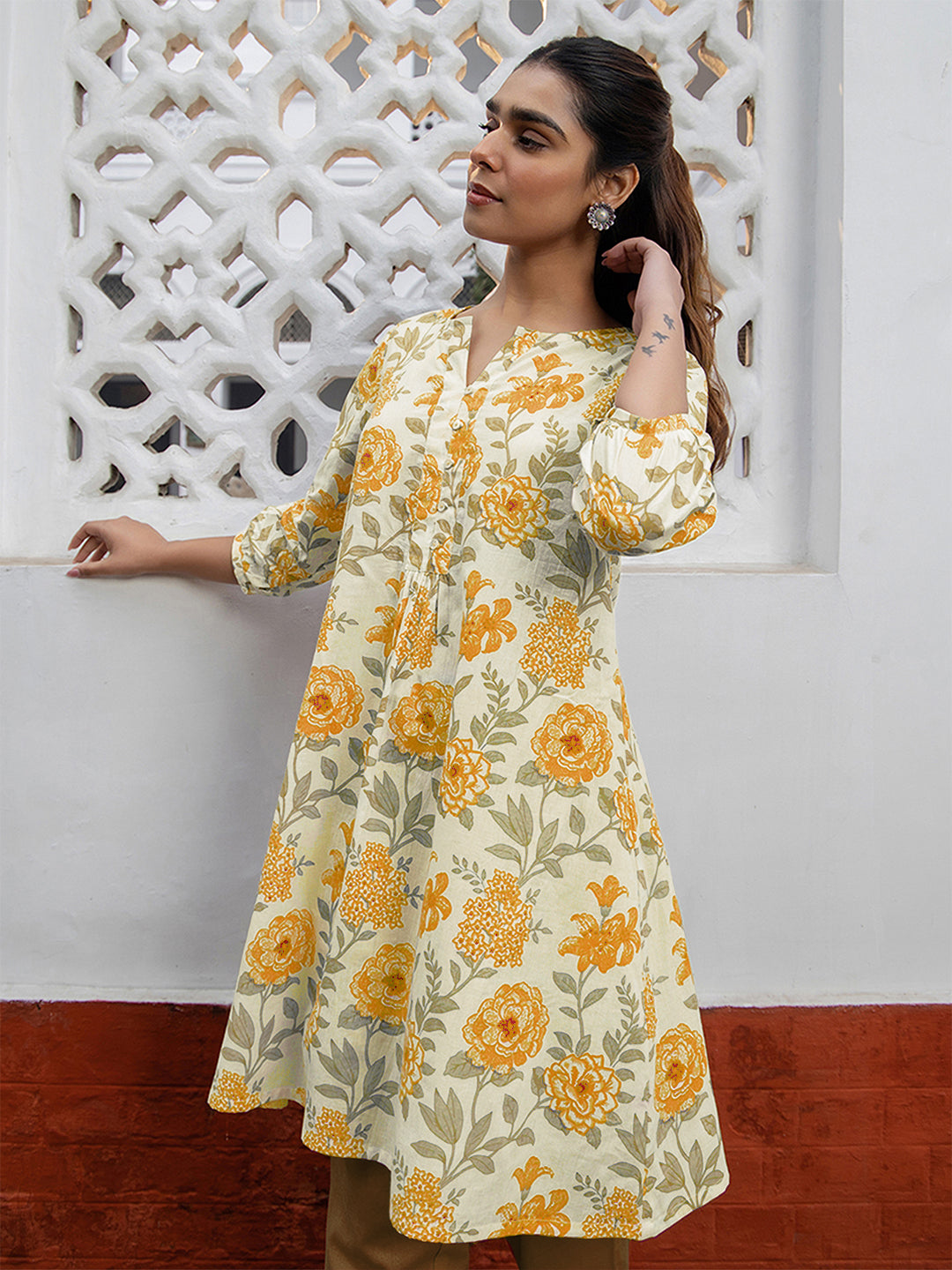 Janasya Light Cotton Floral A-Line Tunic