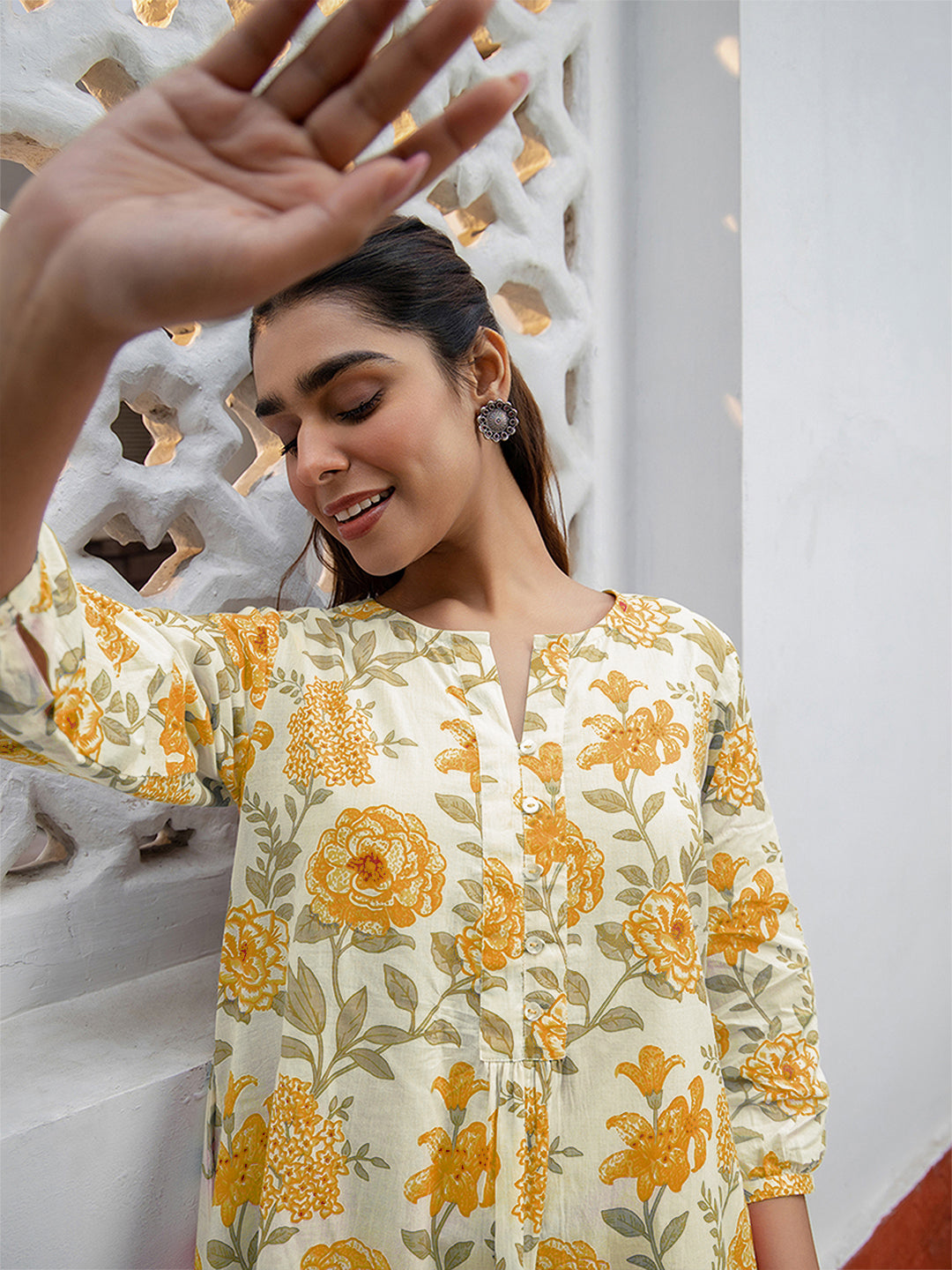 Janasya Light Cotton Floral A-Line Tunic