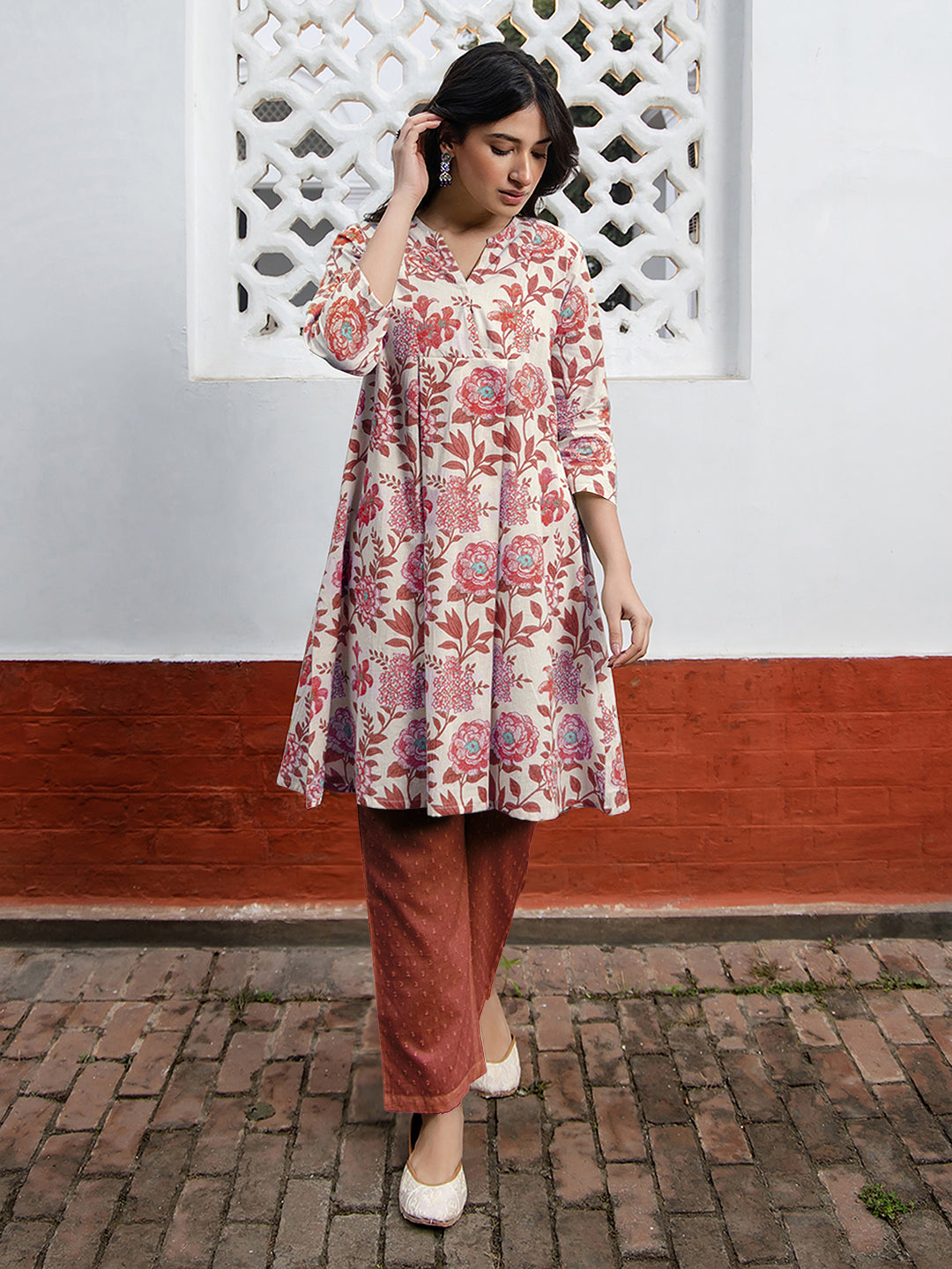 Janasya Light Cotton Floral A-Line Tunic