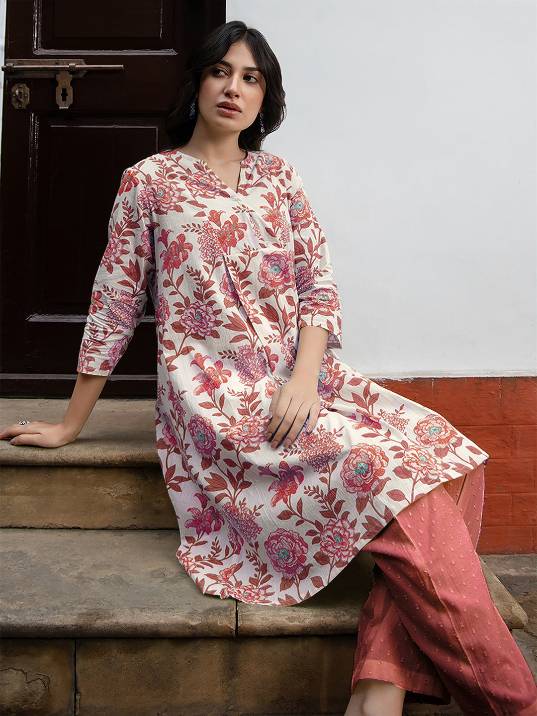 Janasya Light Cotton Floral A-Line Tunic