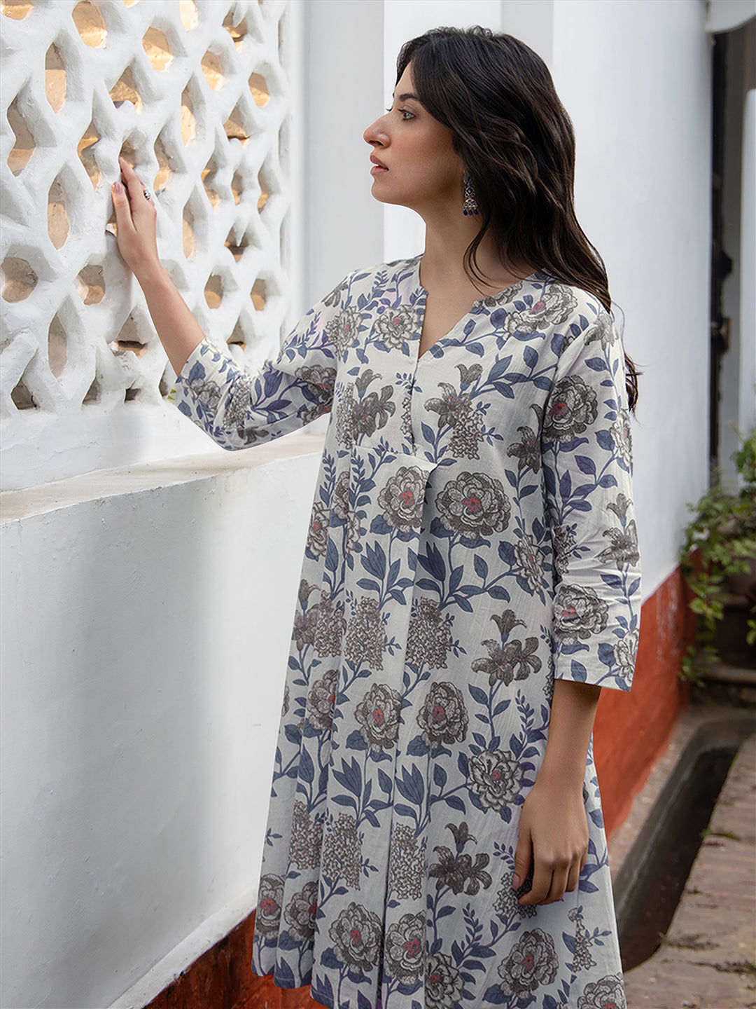 Janasya Light Cotton Floral A-Line Tunic