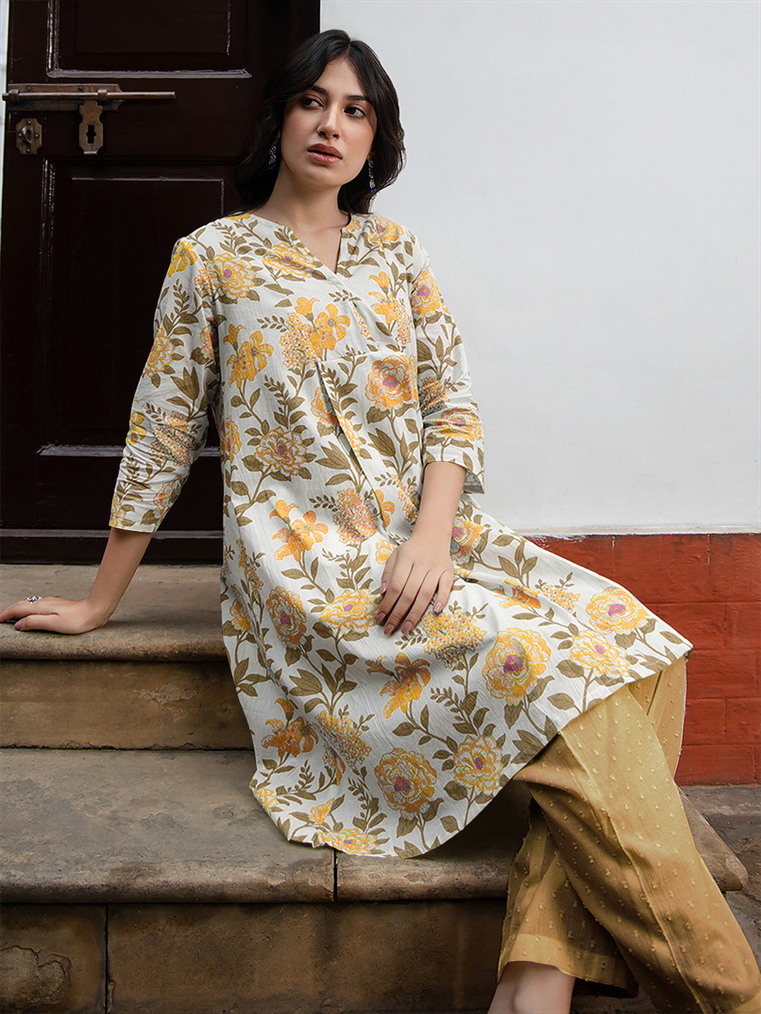 Janasya Light Cotton Floral A-Line Tunic