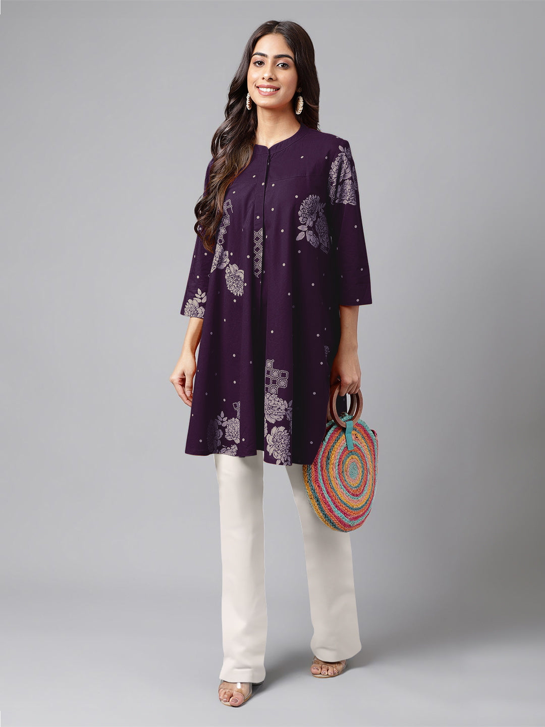 Janasya Bright Cotton Floral A-Line Tunic