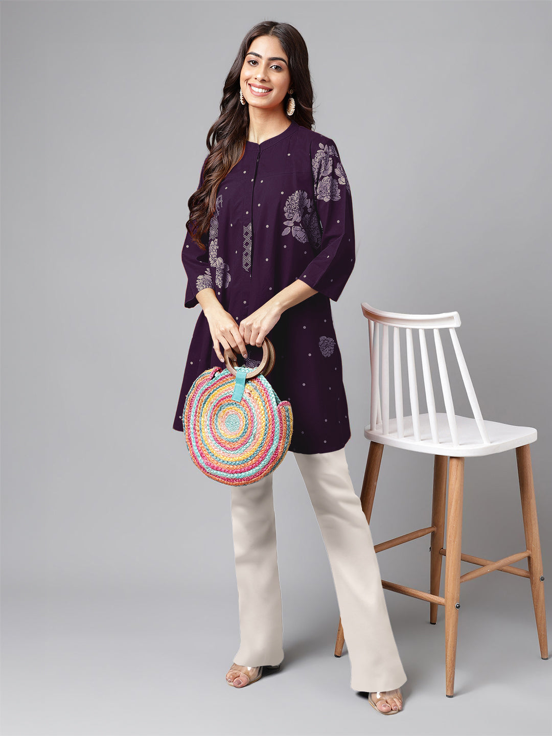 Janasya Bright Cotton Floral A-Line Tunic