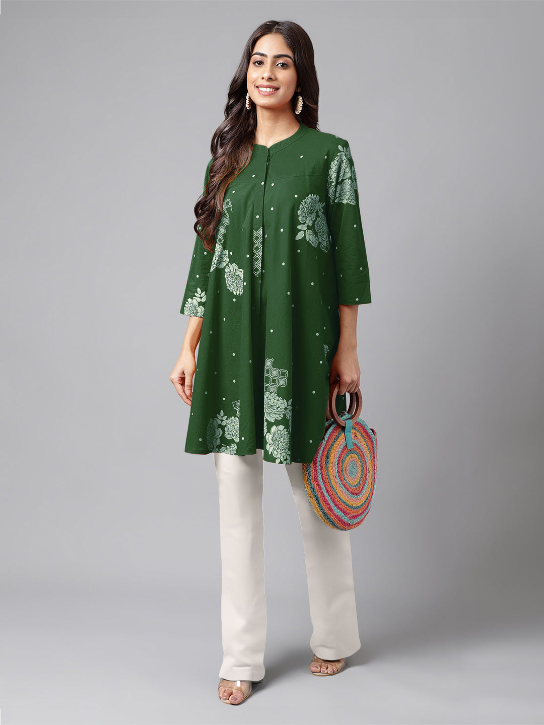 Janasya Bright Cotton Floral Flared Tunic - Distacart