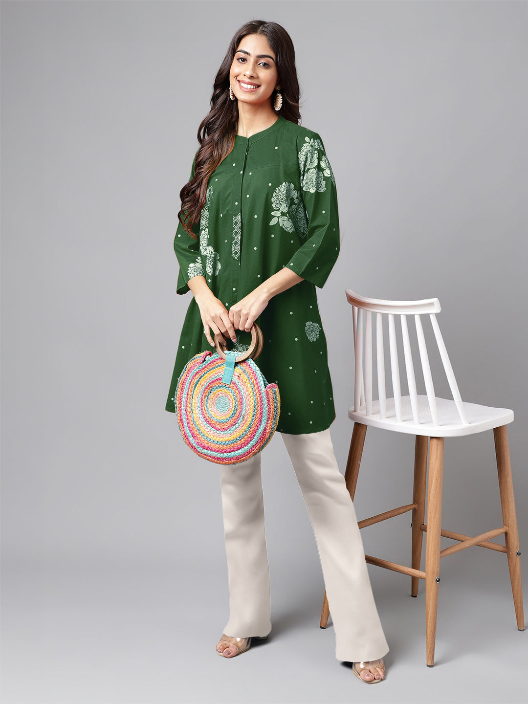 Janasya Bright Cotton Floral Flared Tunic