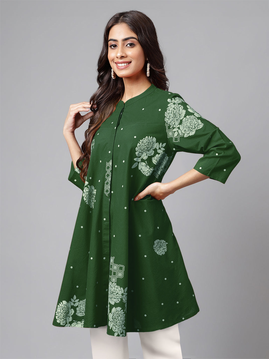 Janasya Bright Cotton Floral Flared Tunic