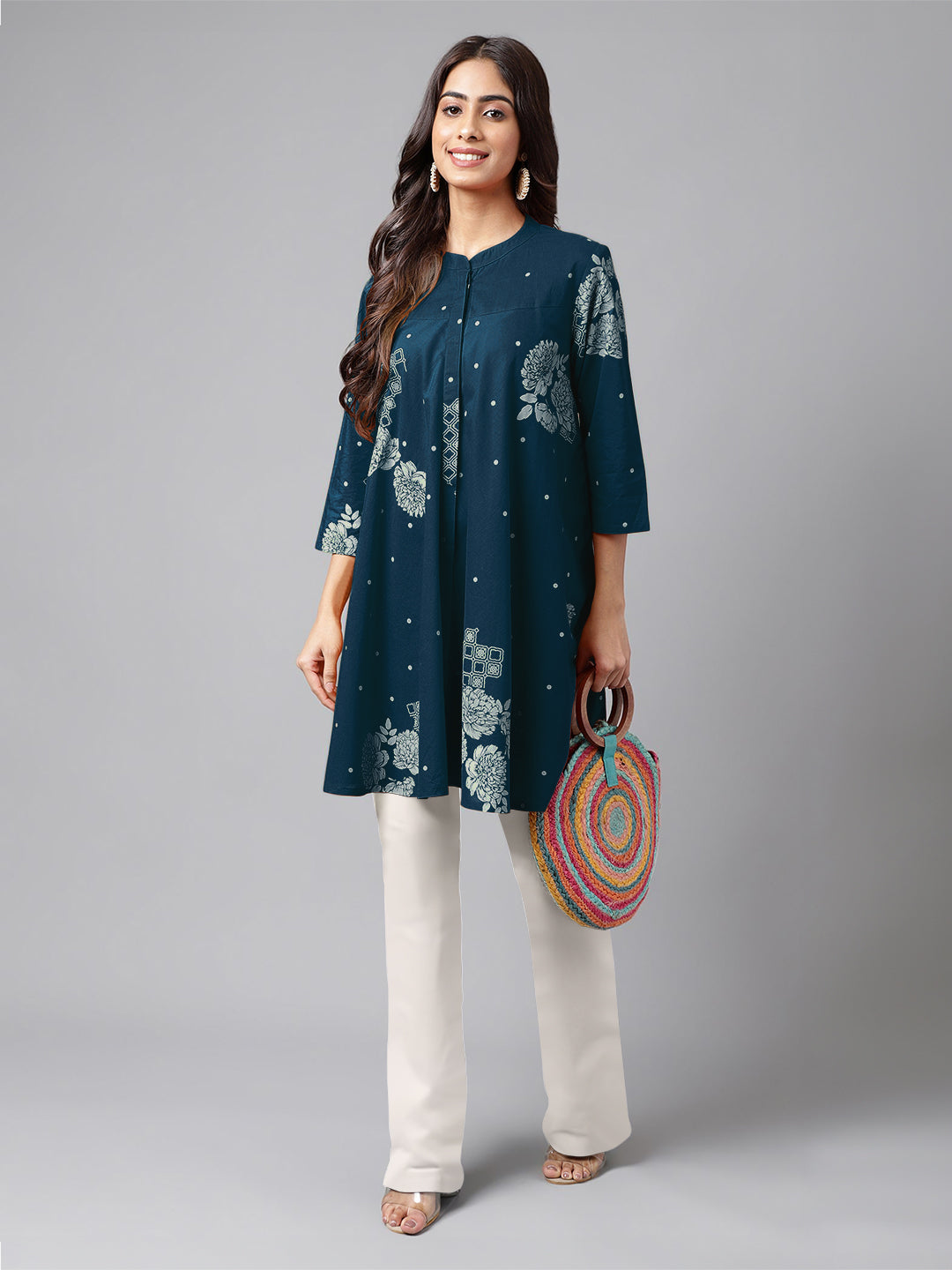Janasya Bright Cotton Floral Flared Tunic