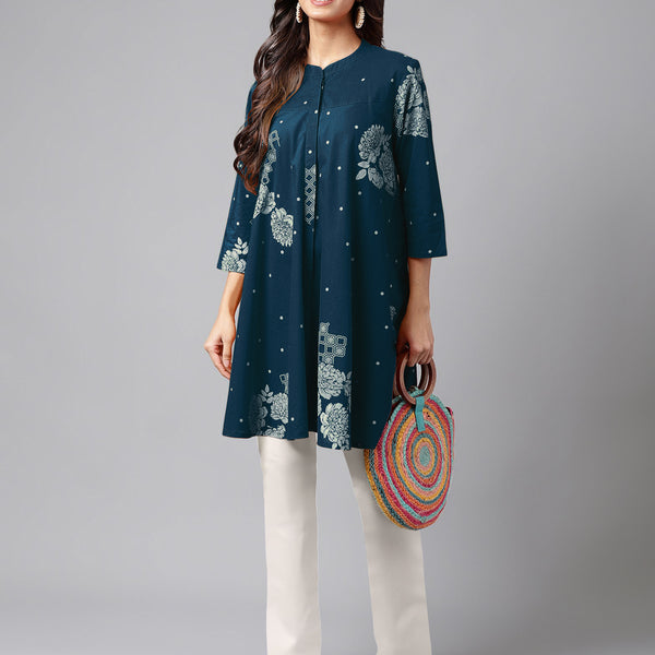 Janasya Bright Cotton Floral Flared Tunic