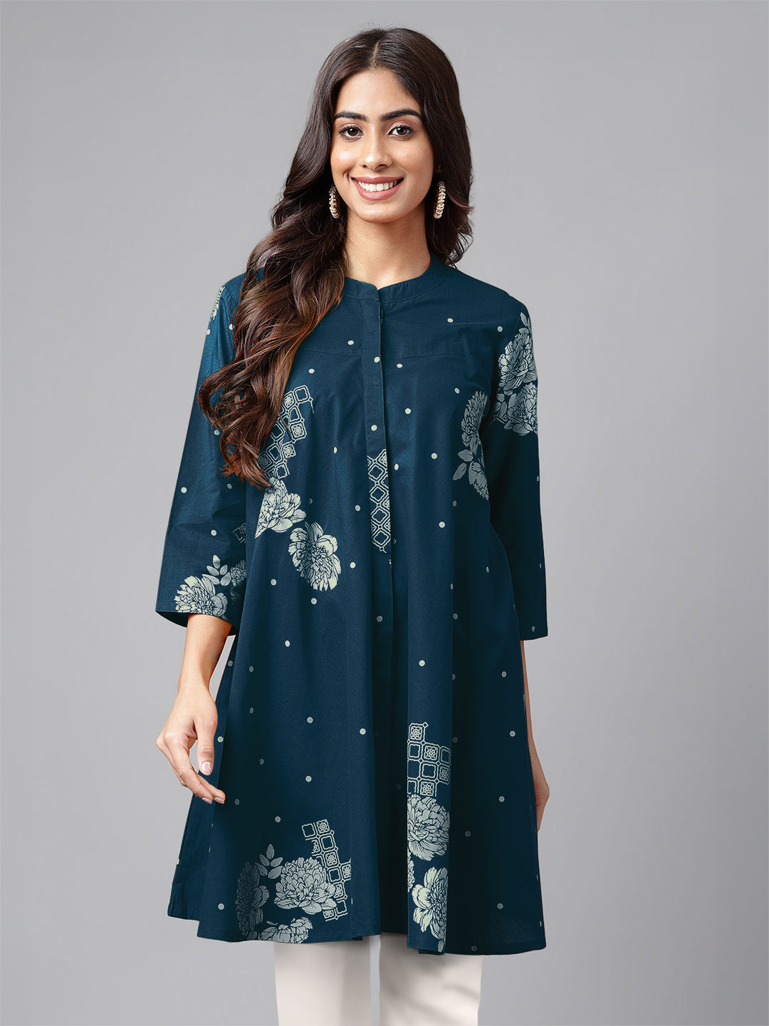 Janasya Bright Cotton Floral Flared Tunic