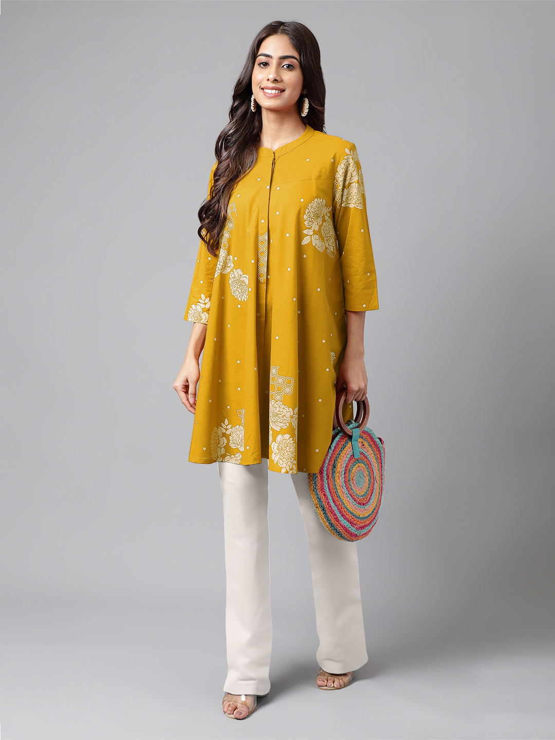 Janasya Bright Cotton Floral Flared Tunic