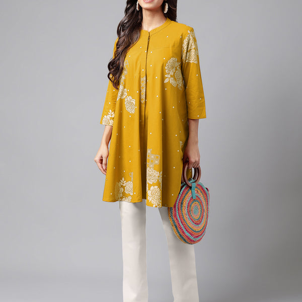 Janasya Bright Cotton Floral Flared Tunic