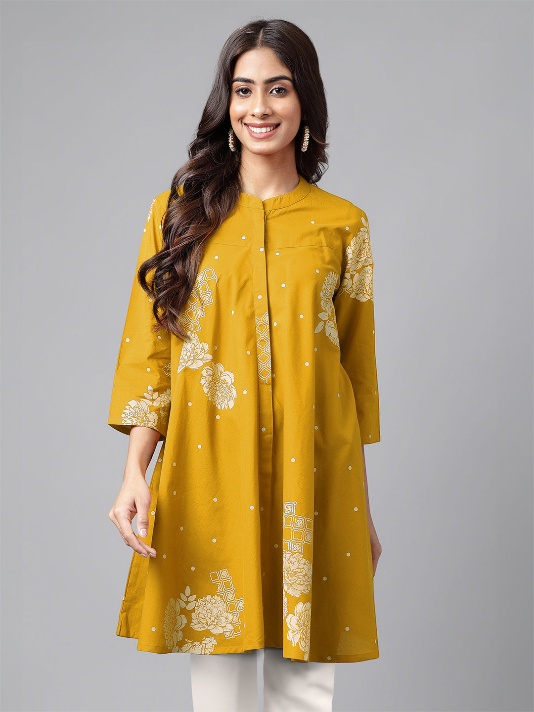 Janasya Bright Cotton Floral Flared Tunic