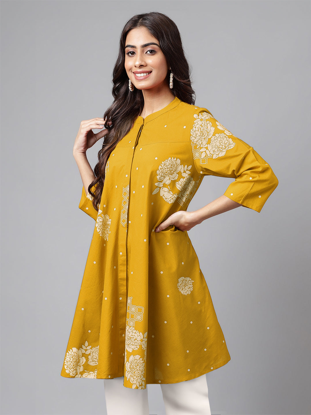 Janasya Bright Cotton Floral Flared Tunic