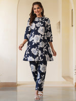 Thumbnail for Janasya Dark Cotton Floral A-Line Top & Bottom Set