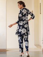 Thumbnail for Janasya Dark Cotton Floral A-Line Top & Bottom Set