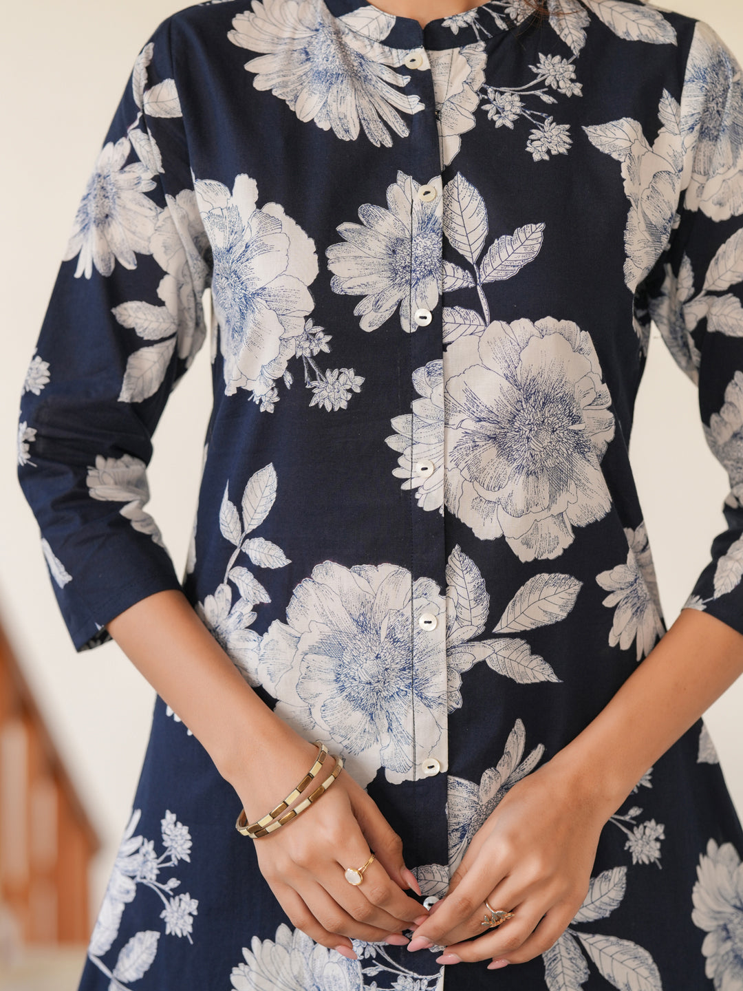 Janasya Dark Cotton Floral A-Line Top & Bottom Set