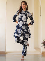Thumbnail for Janasya Dark Cotton Floral A-Line Top & Bottom Set