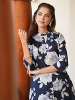 Thumbnail for Janasya Dark Cotton Floral A-Line Top & Bottom Set