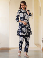 Thumbnail for Janasya Dark Cotton Floral A-Line Top & Bottom Set