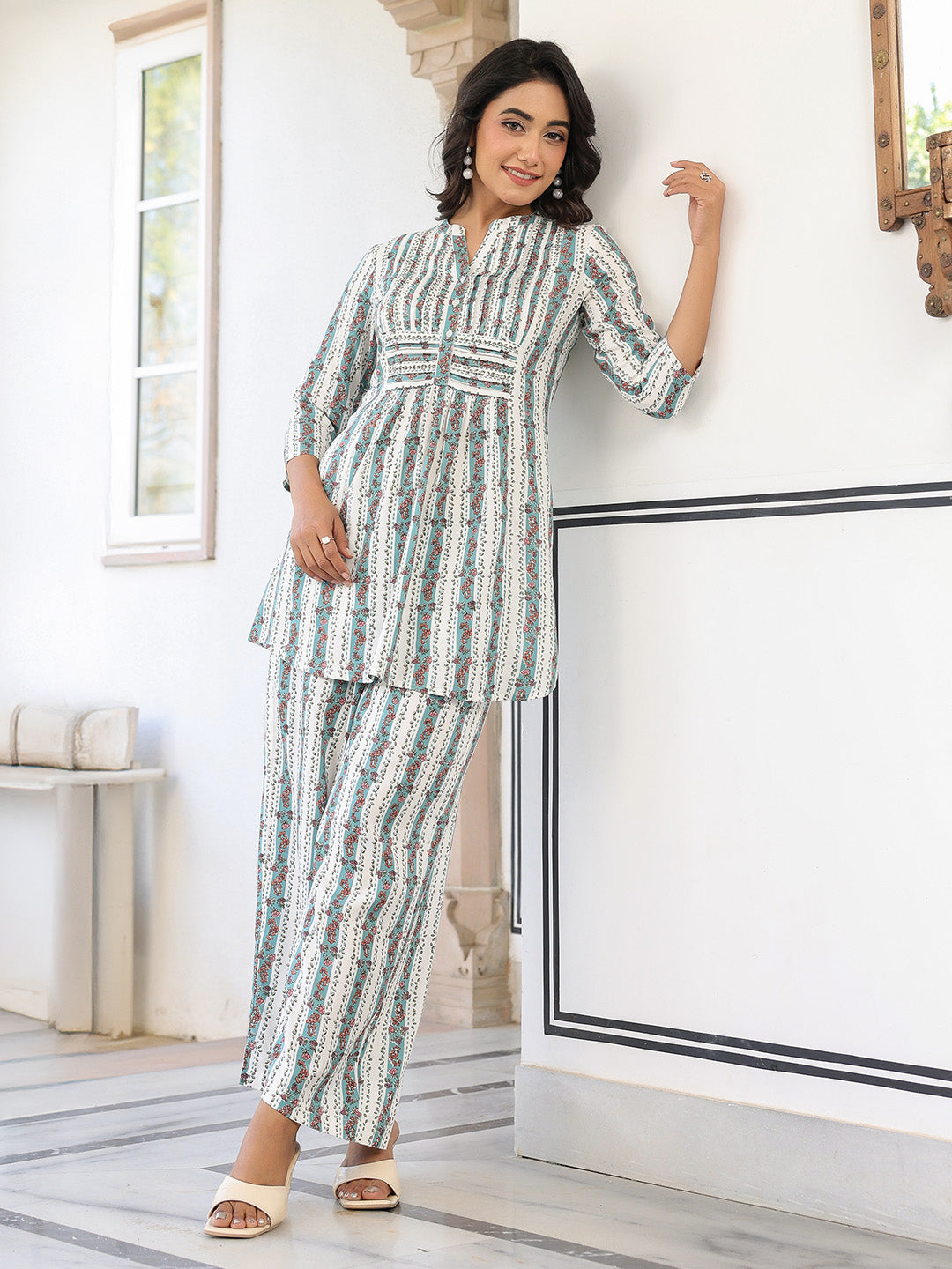 Janasya Light Cotton Floral A-Line Top & Bottom Set