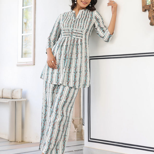 Janasya Light Cotton Floral A-Line Top & Bottom Set