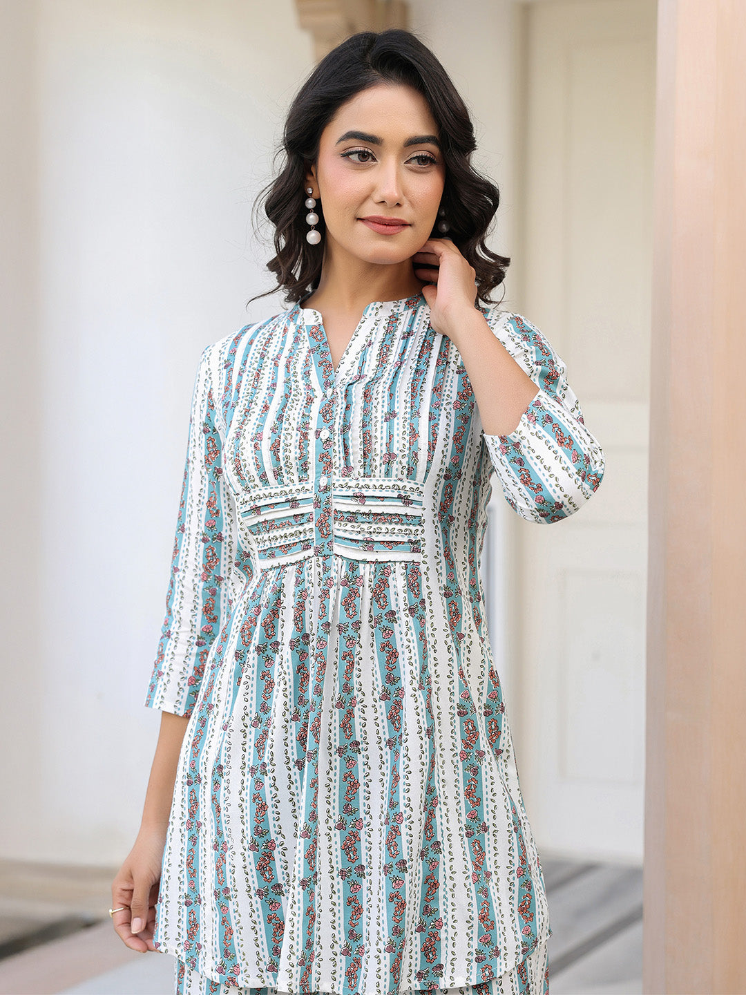 Janasya Light Cotton Floral A-Line Top & Bottom Set