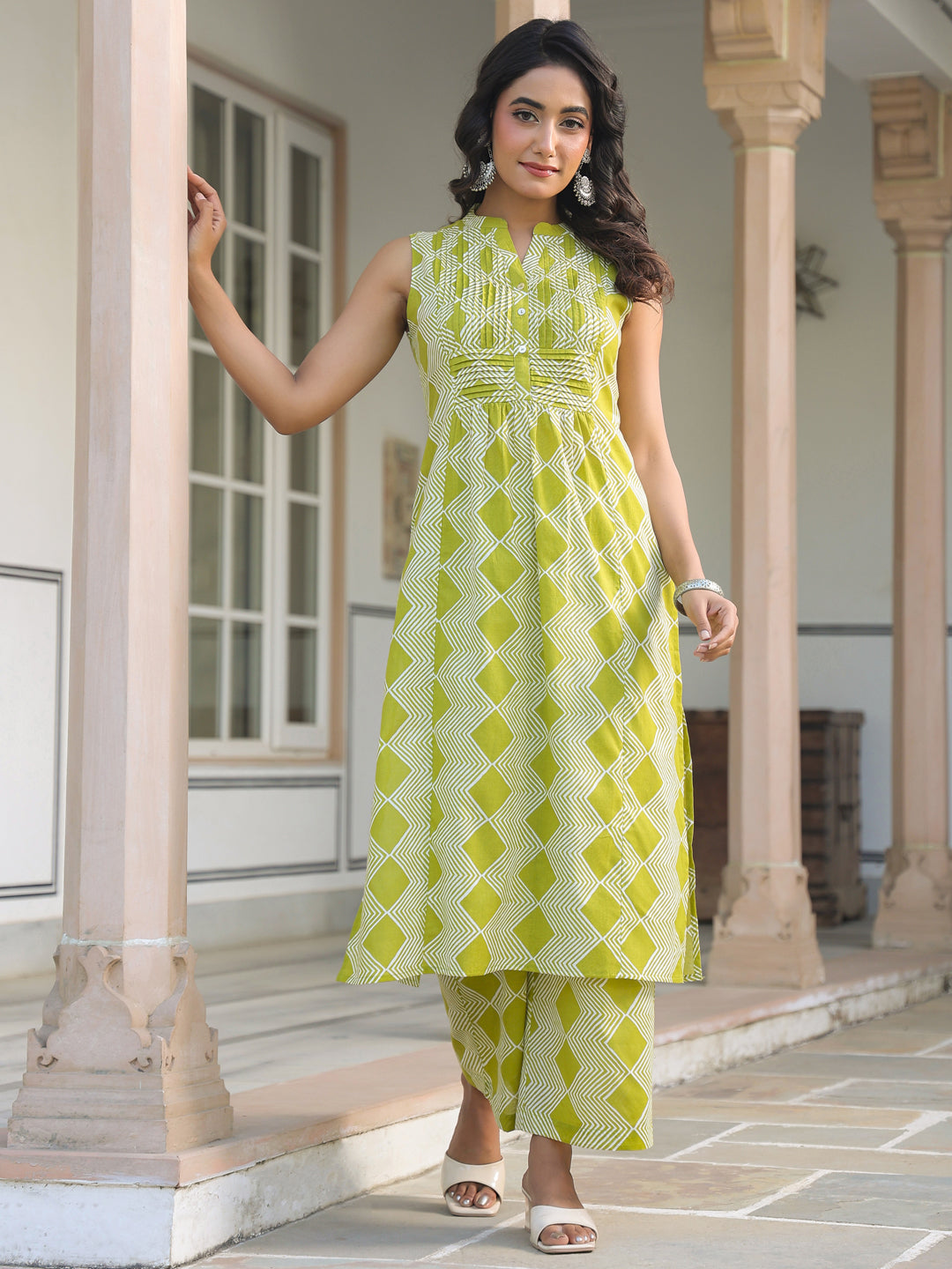 Janasya Bright Cotton Geometric A-Line Kurta Set
