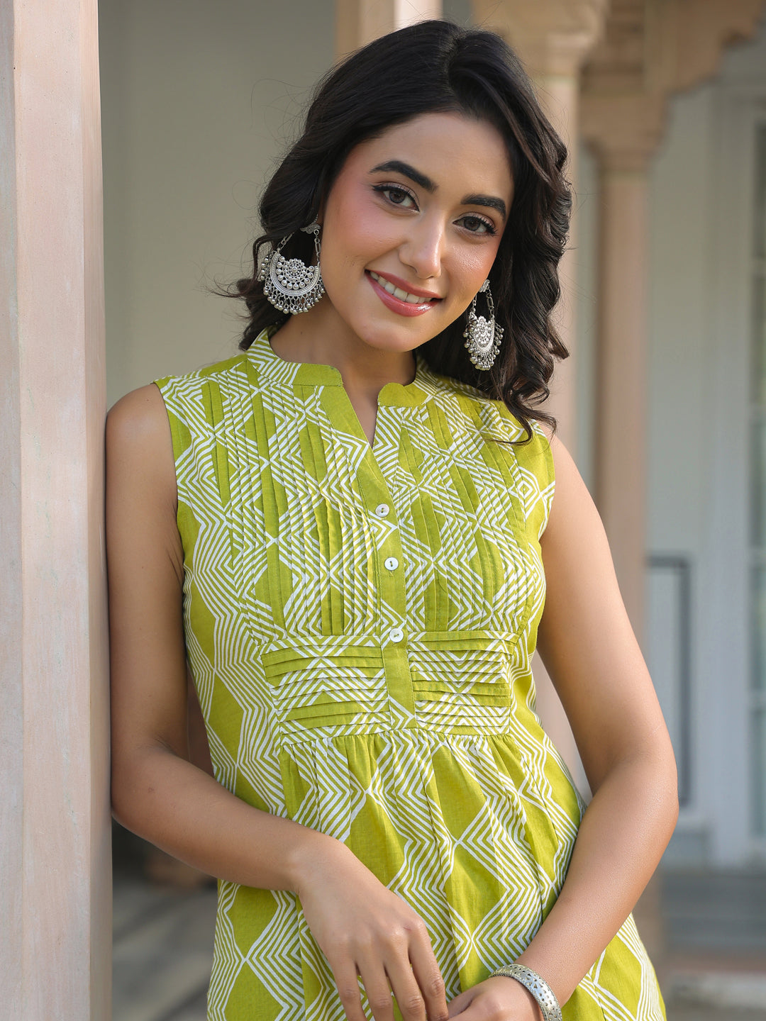 Janasya Bright Cotton Geometric A-Line Kurta Set