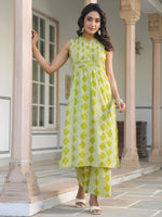 Thumbnail for Janasya Bright Cotton Geometric A-Line Kurta Set
