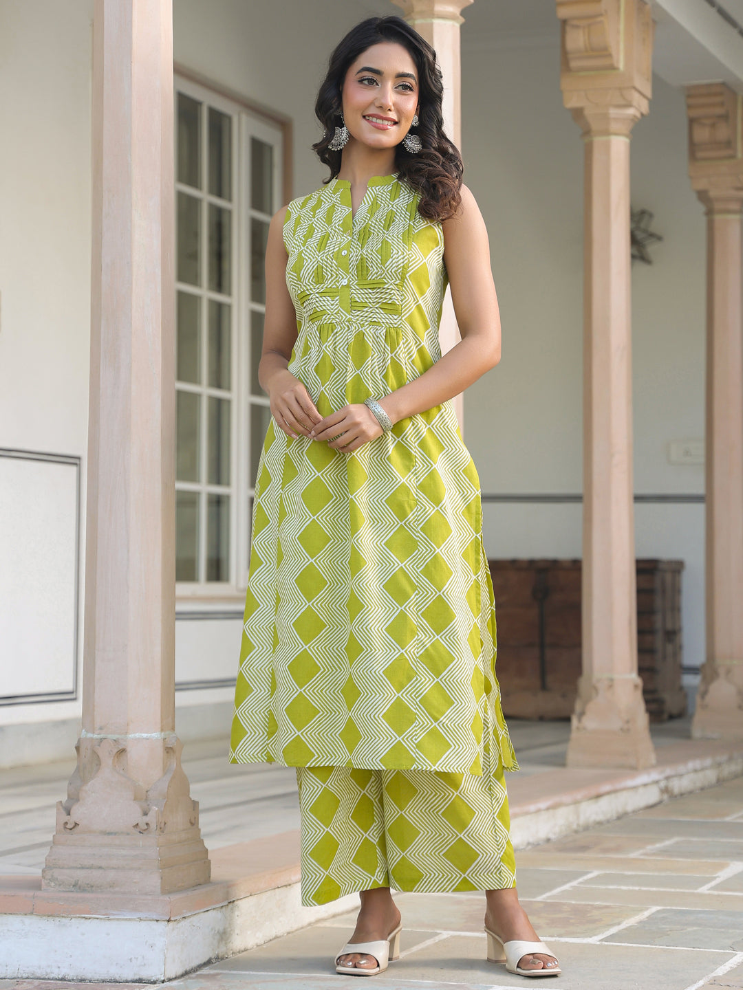 Janasya Bright Cotton Geometric A-Line Kurta Set - Distacart