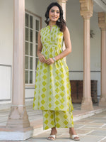 Thumbnail for Janasya Bright Cotton Geometric A-Line Kurta Set