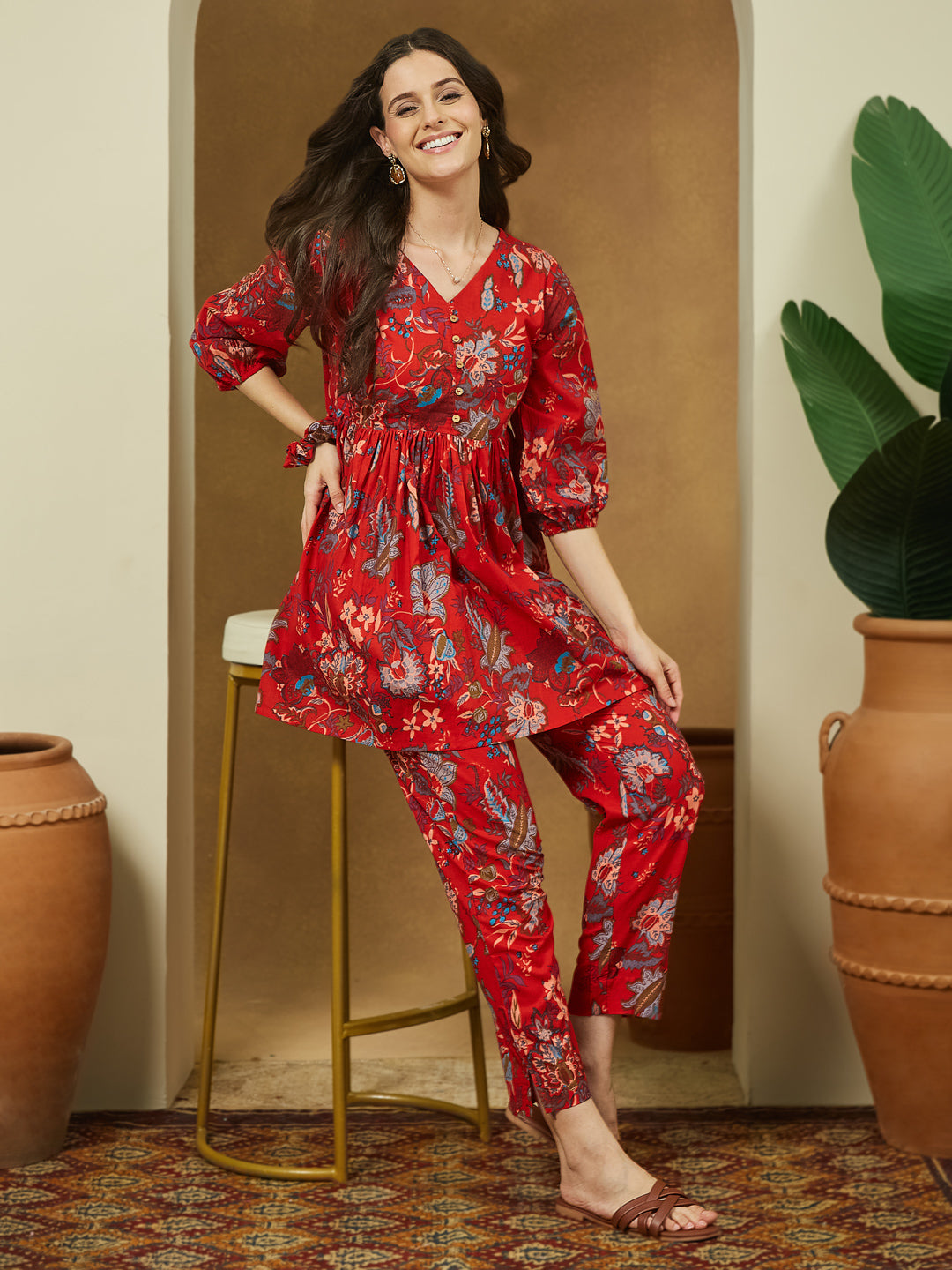 Janasya Bright Cotton Floral Peplum Top & Bottom Set