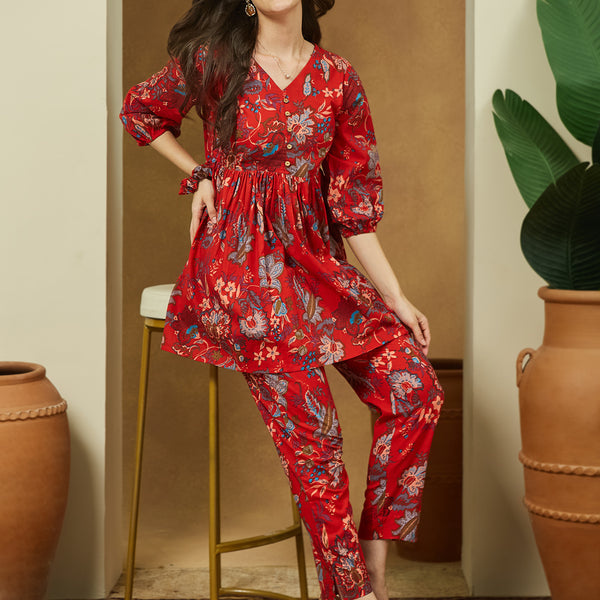 Janasya Bright Cotton Floral Peplum Top & Bottom Set