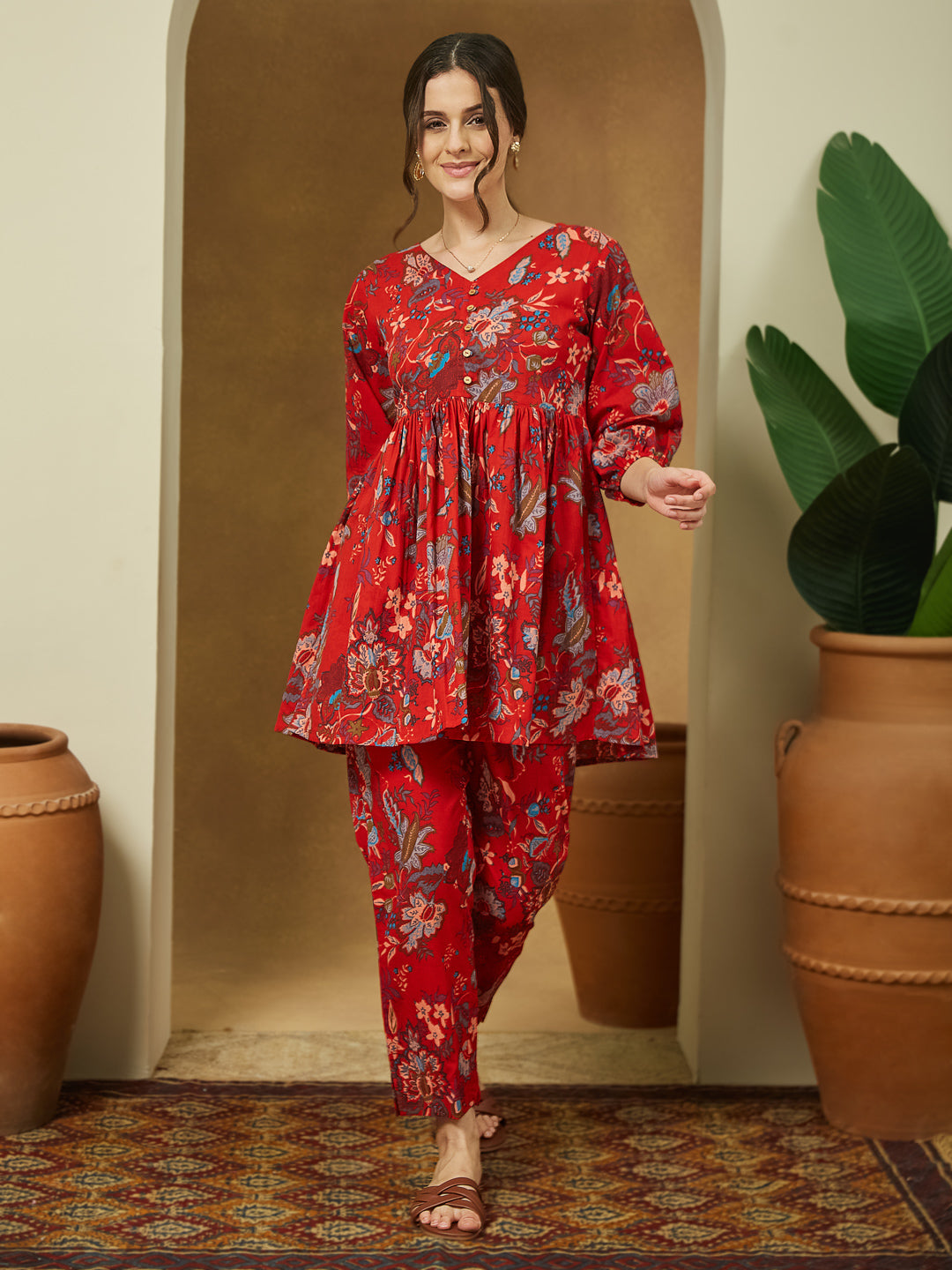 Janasya Bright Cotton Floral Peplum Top & Bottom Set