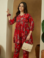 Thumbnail for Janasya Bright Cotton Floral Peplum Top & Bottom Set