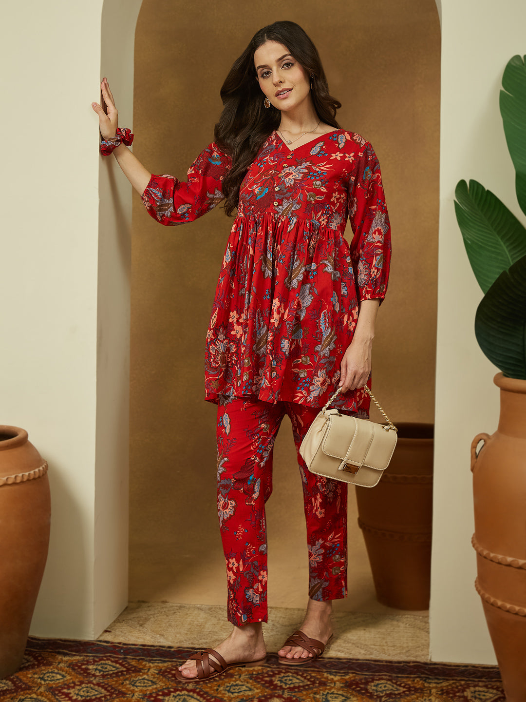 Janasya Bright Cotton Floral Peplum Top & Bottom Set