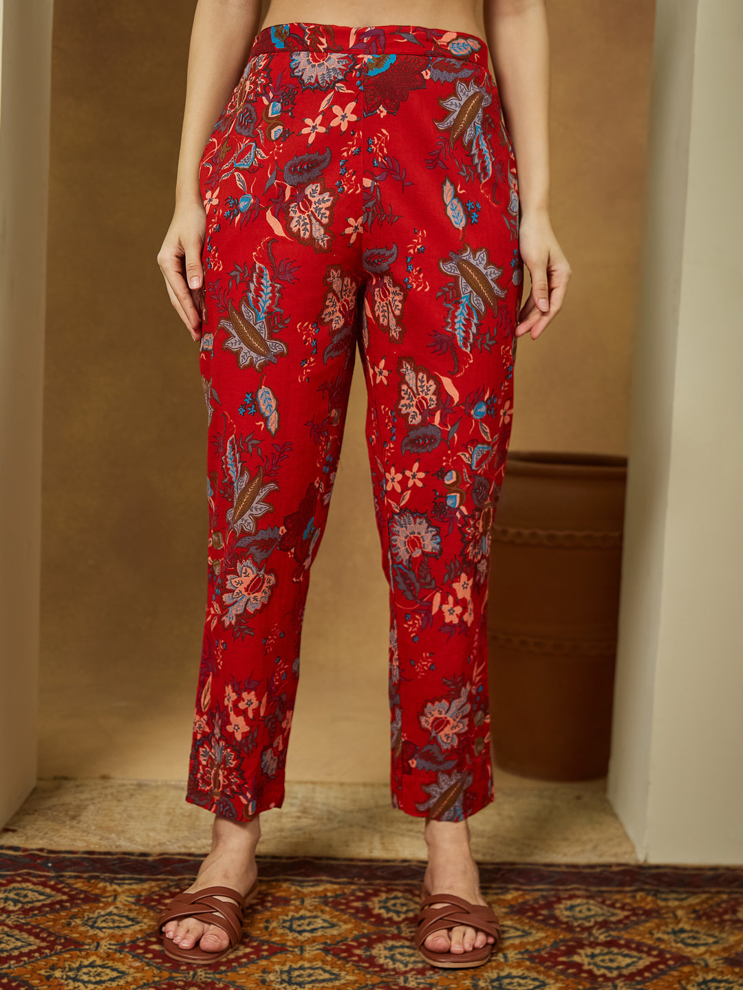 Janasya Bright Cotton Floral Peplum Top & Bottom Set