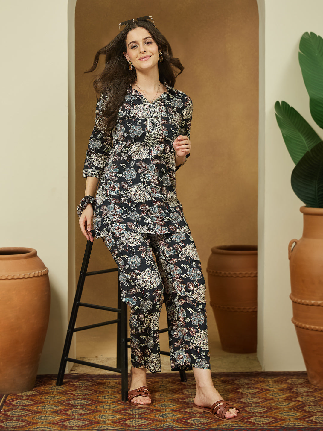 Janasya Dark Cotton Floral Straight Top & Bottom Set