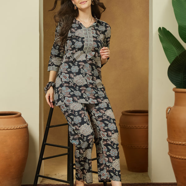 Janasya Dark Cotton Floral Straight Top & Bottom Set