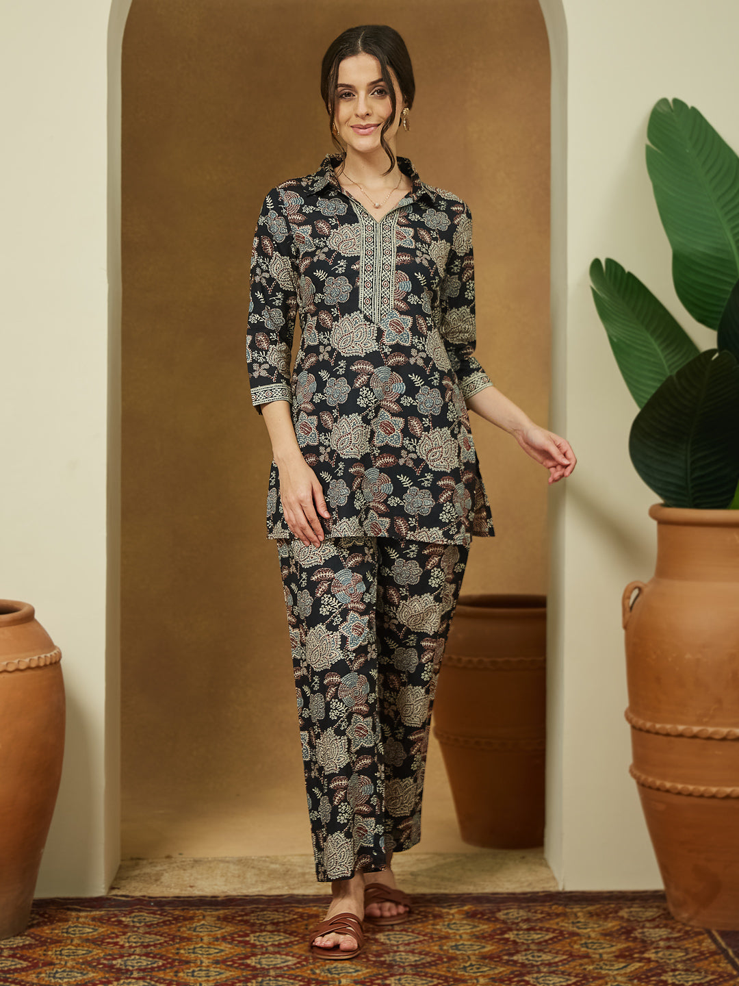 Janasya Dark Cotton Floral Straight Top & Bottom Set
