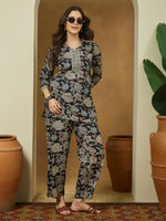 Thumbnail for Janasya Dark Cotton Floral Straight Top & Bottom Set