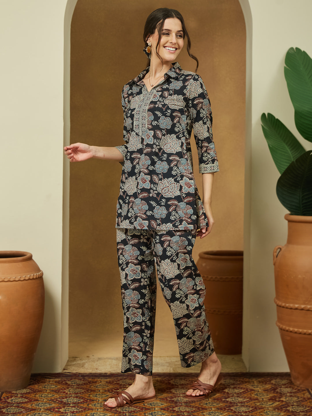 Janasya Dark Cotton Floral Straight Top & Bottom Set