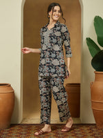 Thumbnail for Janasya Dark Cotton Floral Straight Top & Bottom Set