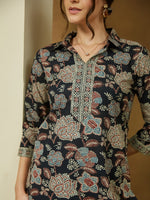 Thumbnail for Janasya Dark Cotton Floral Straight Top & Bottom Set