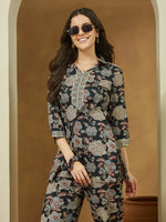 Thumbnail for Janasya Dark Cotton Floral Straight Top & Bottom Set
