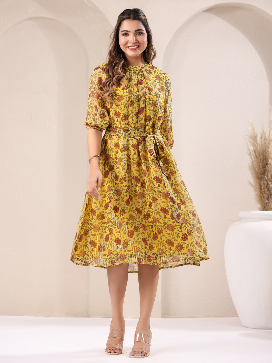 Janasya Bright Georgette Floral A-Line Dress - Distacart